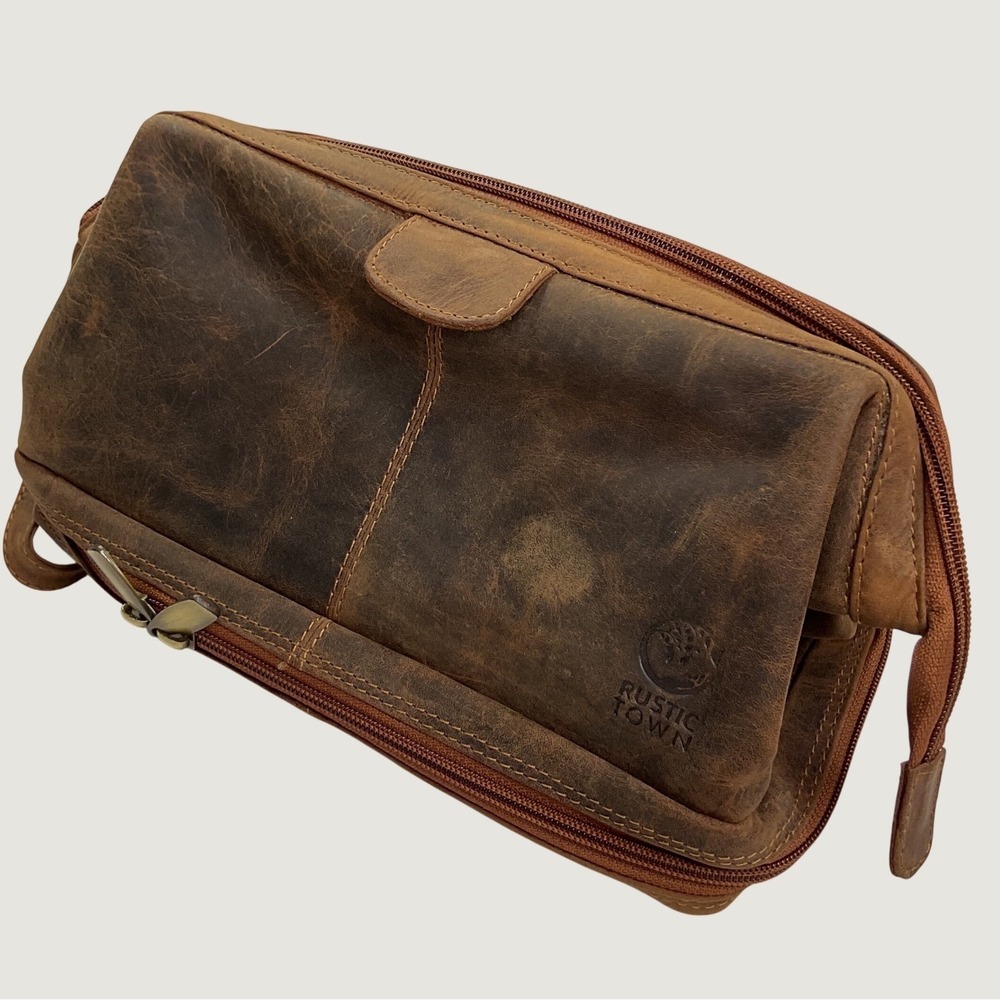 Rustic Town Brown Leather Toiletry Bag Travel Dopp Kit with Bottom Compartment